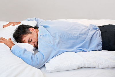 Buy stock photo Business, tired and man with burnout, stress and professional with overtime and exhausted. Home, entrepreneur and person in a bedroom, relax or sleepy with fatigue, drained and overworked with worker