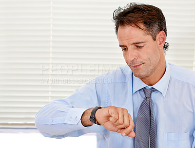 Buy stock photo Businessman, watch and late for office job and appointment or schedule at looking serious. Time, alarm and male person checking calendar for control of clock with anxiety for career  compliance