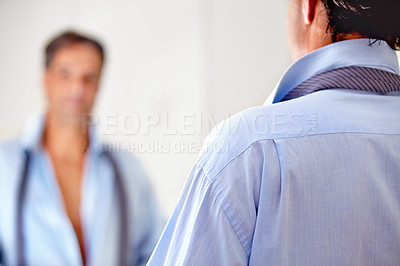 Buy stock photo Closeup, businessman and reflection in bedroom for morning, routine and dressing for corporate career. Male person, standing and professional clothes for job, occupation or meeting from back view