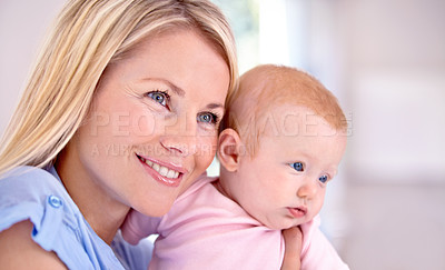 Buy stock photo Mother, child and smiling for love and embrace, bonding and security in connection at home. Mommy, daughter and happy while hugging on weekend, caring and family or affection, satisfaction for joy