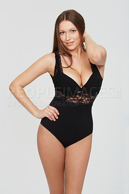 Buy stock photo A gorgeous young curvy woman in underwear