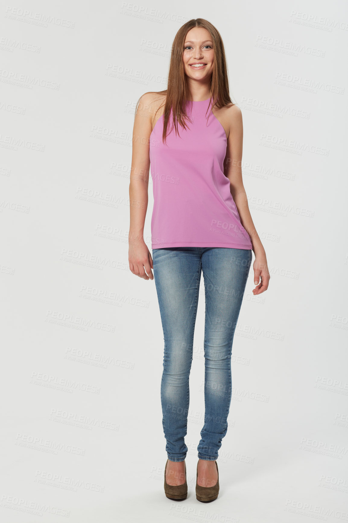 Buy stock photo Woman, portrait and fashion smile with confidence in studio for beauty style or white background, high heels or mockup space. Female person, model and happy for face as Canadian, clothes or outfit