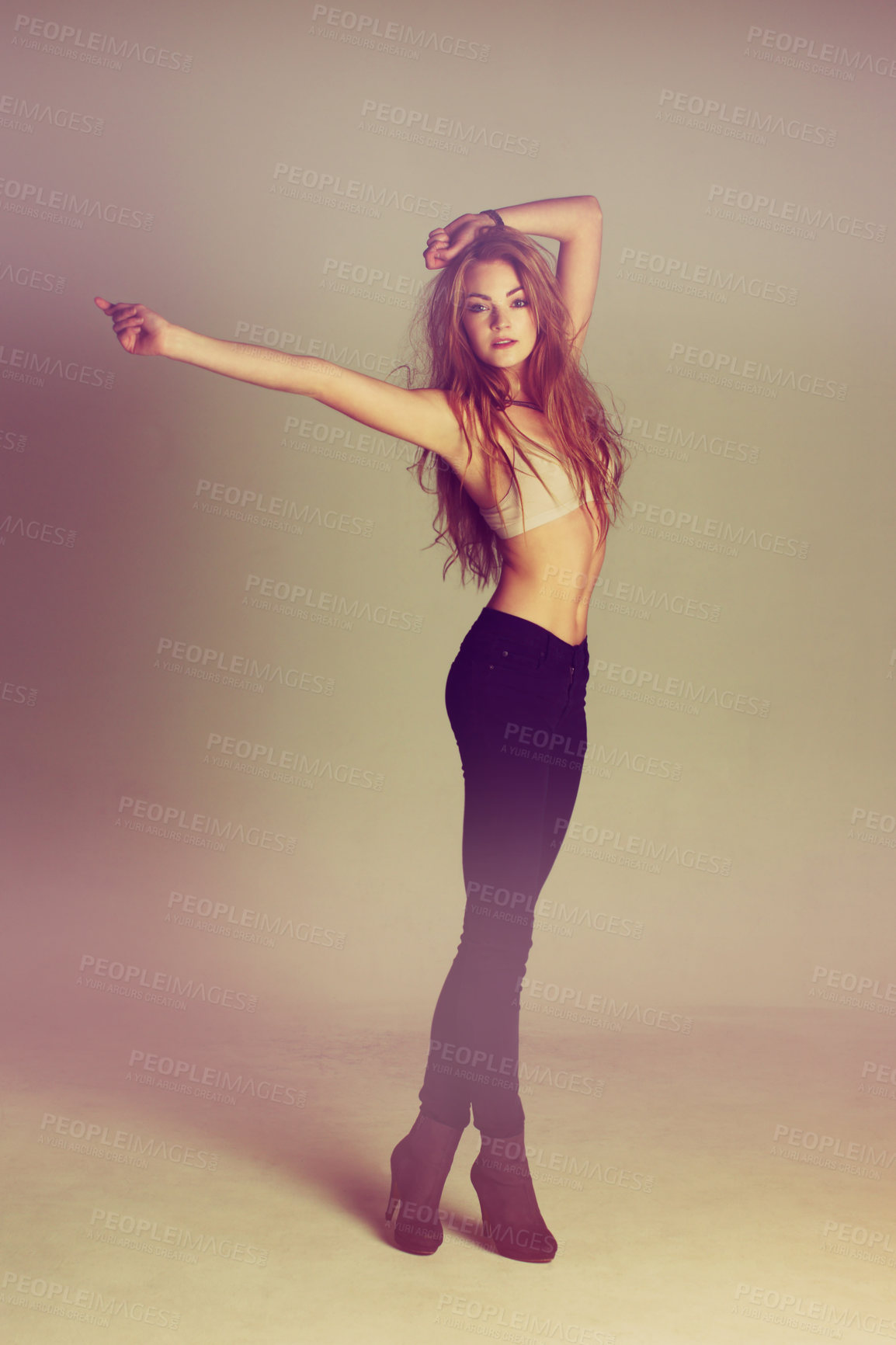 Buy stock photo Dance fashion, young woman and portrait of a dancer model with casual style and confidence. Isolated, studio background and dancing pose of a female person with youth, body freedom and natural beauty