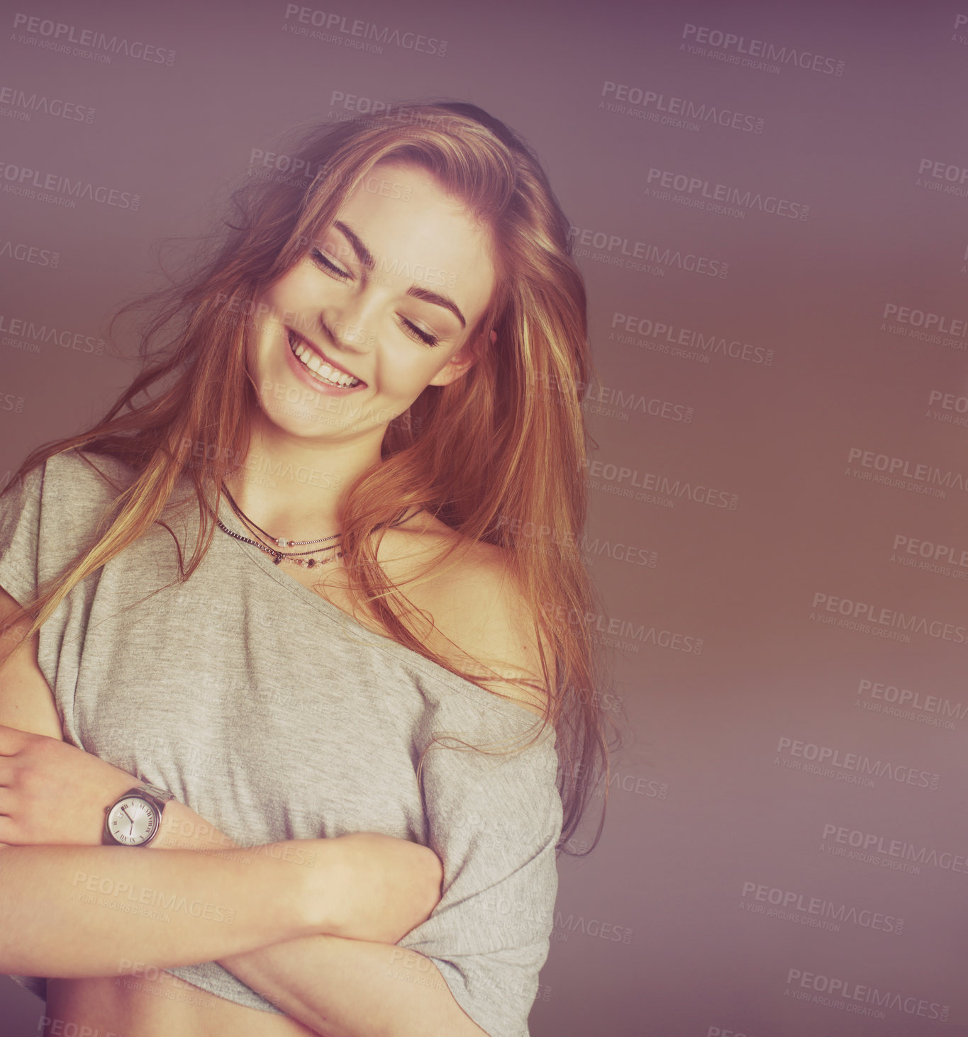 Buy stock photo Cropped shot of an attractive young woman wearing a t-shirt