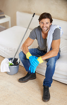 Buy stock photo Man, house and cleaning with living room, break and portrait with happy, rest and smile.  Husband, home and furniture for maintenance, housekeeping and spring cleaning for responsibility or routine  