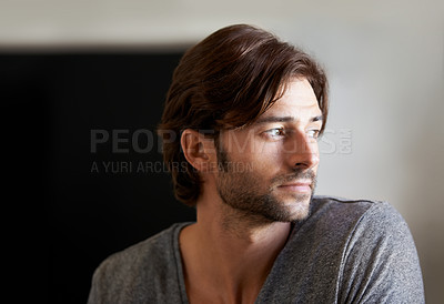 Buy stock photo Man, thinking and vision of future, home and ideas while planning for vacation, holiday and trip. Mockup, guy and eyes with calm while wondering about possibilities, rest and relaxation in Argentina
