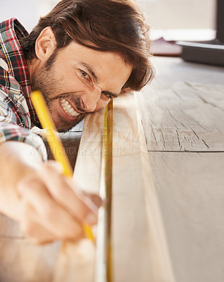 Buy stock photo Man, wood and carpenter with craft, diy and frustration for building, work and repair. Contractor, handyman and artisan with home improvement, maintenance and work for woodwork, struggle and skill 