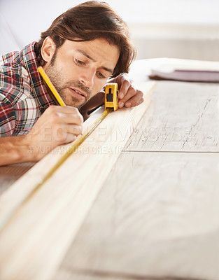 Buy stock photo Man, carpenter and wood with thinking, building and working for renovation, remodeling and repair. Craftsman, diy and woodwork for home improvement, design and ideas with artisan, craft and skill 