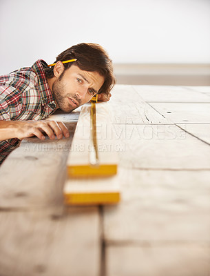 Buy stock photo Artisan, planning and indoors in garage, professional and wood from nature, skill. Person, working and builder for job, career and building for maintenance, carpentry and construction worker