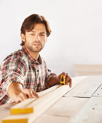 Buy stock photo Craftsman, maintenance and working in building, professional and technique for woodwork, career. Man, crafting and materials from nature, builder and indoor for diy, home improvement and handiwork