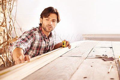 Buy stock photo Man, carpenter and wood with craft, home and tools for work, building and maintenance. Handyman, workbench and diy or craftsmen, contractor and artisan with face, thinking or planning for improvement