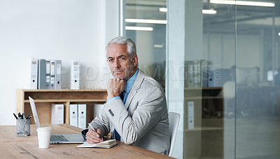 Buy stock photo Businessman, office and laptop for notes, portrait and ideas with vision, planning and thinking. CEO, technology and workspace for company, management and success with training, analysis and finance 