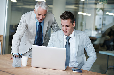 Buy stock photo Boss, businessman and partner with laptop, plan and work for key accountants and budget costs. CEO, employer at desk in office, company and meeting for tax administration and enterprise growth