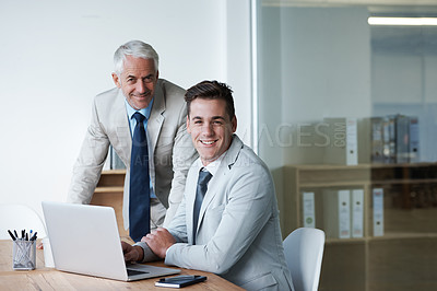 Buy stock photo Boss, businessman and coworker with laptop, plan and work for expanding in office and accounts. Executive, employer and accountant at desk, company and meeting for management and staff administration