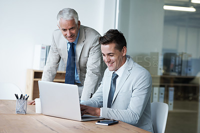 Buy stock photo CEO, businessman and partner with laptop, plan and work for expanding in office and accounts. Manager, employer and accountant at desk, company and meeting for management and staff administration