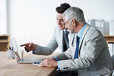 Buy stock photo Senior businessman, employee and laptop for feedback, leadership and mentor on technology. Businesspeople, consulting and advice or working on report, proposal and discussion or teaching in office