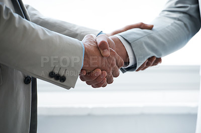Buy stock photo Handshake, business people and agreement in partnership, onboarding and thank you for recruitment. Coworkers, closeup and deal for merger in workplace, collaboration and support in cooperation