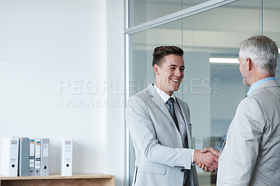 Buy stock photo Businessman, smile and shaking hands with CEO, manager and suit for deal or promotion. Man, consult and hand for contract agreement, interview and leadership for agency and office partnership