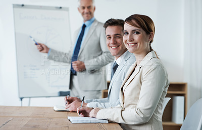 Buy stock photo Meeting, presentation and business people, portrait and planning with collaboration or corporate training session. Seminar, information and CEO with whiteboard, smile for teamwork and strategy