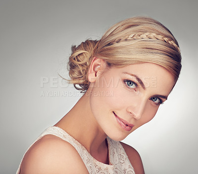 Buy stock photo Closeup, woman and portrait with studio, smile and beauty for motivation, happiness and skincare. Designer, confident and proud with care, empowerment and face for vision, creative and cosmetic