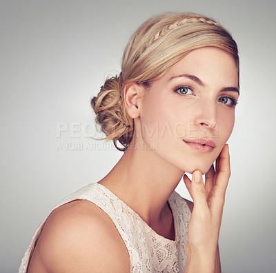 Buy stock photo Beauty, skincare and portrait of woman in studio for cosmetics, satisfaction and facial. Self care, glow and shine with face of female model on grey background for clean, natural makeup and spa