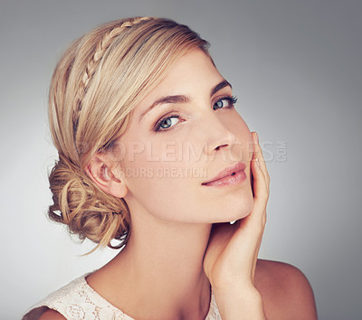 Buy stock photo Portrait, makeup and woman with skincare for smooth skin on a grey studio background. Wellness, cosmetics and face of female person with dermatology and cosmetology treatment on a health backdrop 