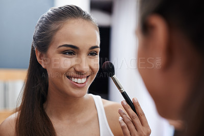 Buy stock photo Women, makeup and mirror in bedroom, smile and blush for beauty. Female, brush and wellness connect for home, relaxation and beauty talk for happiness, skincare and antioxidant treatment for date 