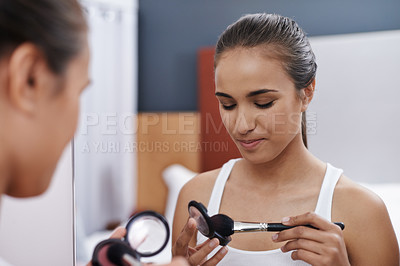 Buy stock photo Woman, makeup and mirror for date, cosmetic or interview for fashion artist. Female, blush and eyeshadow for beauty, self care and foundation in bedroom to prepare for graduation and after party 