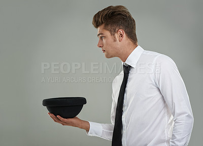 Buy stock photo Studio, hat and business man with corporate fashion, classy and elegant style on gray background. Male person, professional and profile for formal clothing, mockup space and trendy or cool accessory