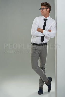 Buy stock photo Business man, eyewear and confidence in studio, formal fashion and consultant on gray background. Male person, full body and entrepreneur on backdrop, smiling and pride for career on mockup space