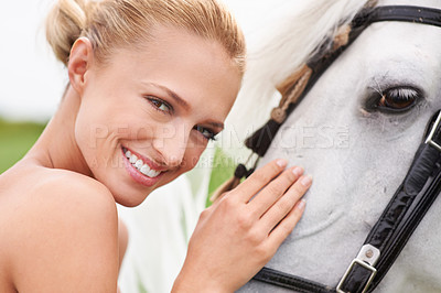 Buy stock photo Bride, field and horse with face, portrait and smile for nature, connection and celebration. Woman, animal and uk countryside for wedding, love and happiness with summer, meadow and horse riding