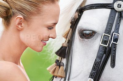 Buy stock photo Woman, field and horse with face, smile and beauty for nature, connection and care. Equestrian, animal and uk meadow for adventure, health and happiness with summer, closeup and sunshine for relaxing