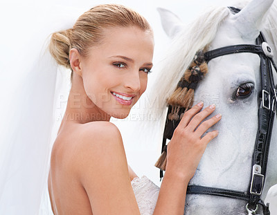 Buy stock photo Bride, smile and horse with face, portrait and countryside for nature, connection and celebration. Woman, animal and uk field for wedding, love and happiness with summer, meadow and horse riding