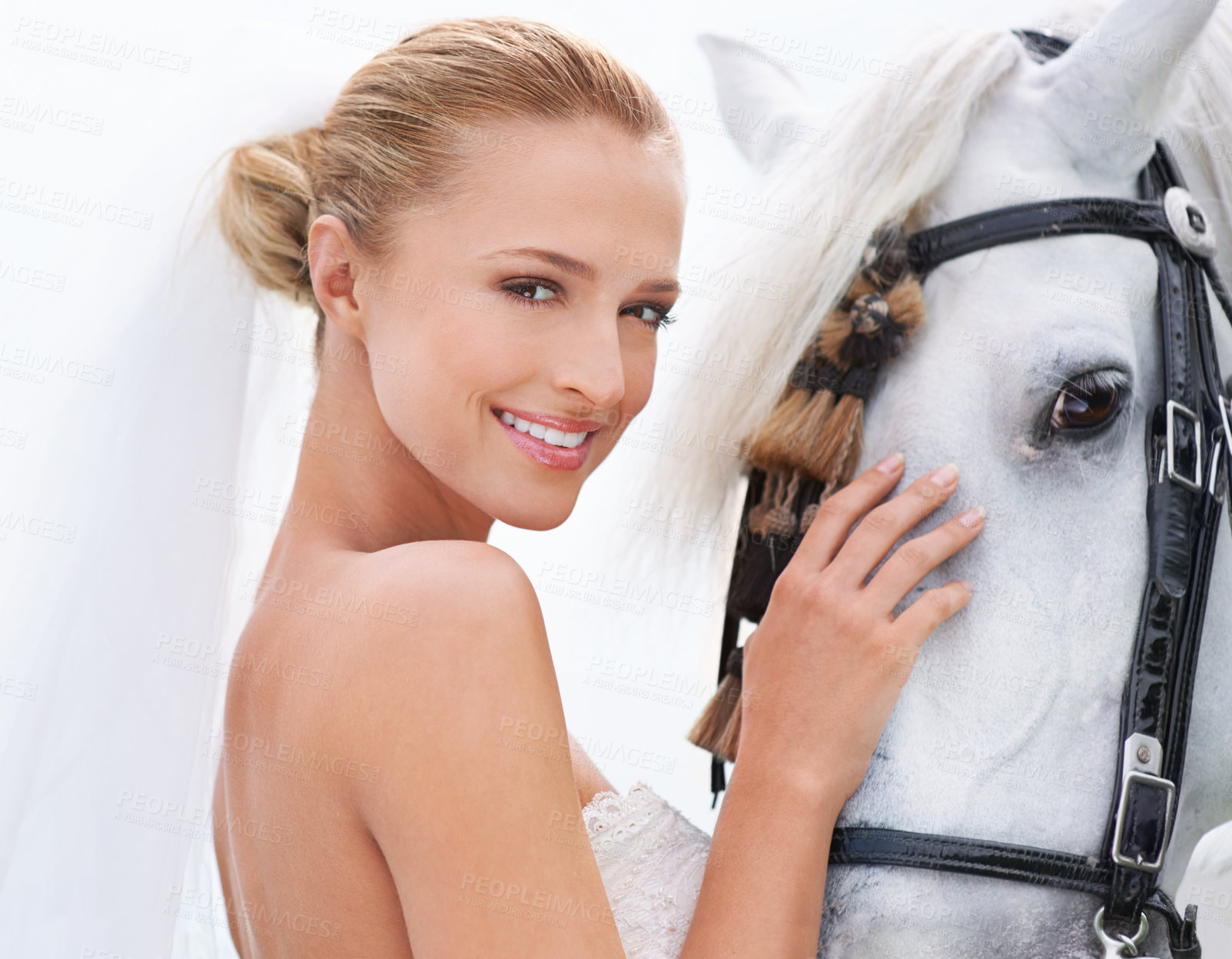 Buy stock photo Bride, smile and horse with face, portrait and countryside for nature, connection and celebration. Woman, animal and uk field for wedding, love and happiness with summer, meadow and horse riding