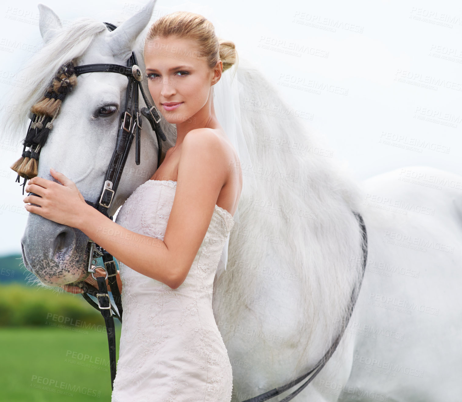 Buy stock photo Bride, horse and field with portrait, event and animal for marriage, celebration and happiness. Woman, uk countryside and meadow with spring, sky and nature for wedding, love and relationship