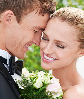 Buy stock photo Couple, love and affection at wedding celebration in outdoors, together and smiling in nature. People, care and commitment to relationship with marriage, support and romance at outside ceremony