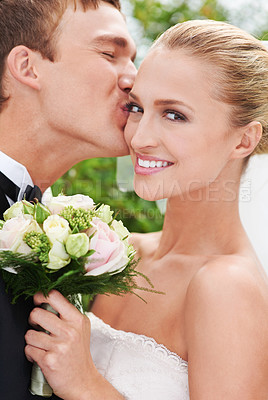 Buy stock photo Couple, smile and portrait for wedding at ceremony for love, unity and love with kiss. Husband, wife and love at marriage celebration for commitment, partnership and union for with flower bouquet