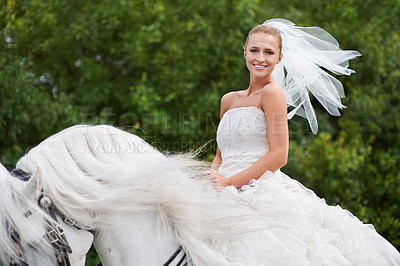 Buy stock photo Wedding, woman and portrait or riding with horse outdoor for celebration, marriage and confidence in countryside. Bride, person and stallion on lawn in field with smile, dress and animal at ceremony