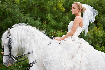 Buy stock photo Wedding, woman and riding with horse outdoor or thinking for celebration, marriage and confidence in countryside. Bride, person and stallion on lawn in field with smile, dress and animal at ceremony