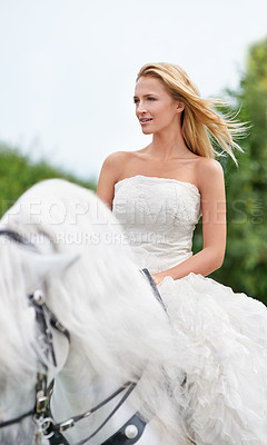 Buy stock photo Wedding, woman and riding with horse outdoor on grass for celebration, marriage or confidence in countryside. Bride, person and stallion in field with smile, dress and animal at ceremony in nature