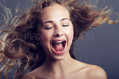 Buy stock photo Beauty, eyes closed and hair care of woman shouting in studio isolated on a gray background. Natural, makeup cosmetics and skincare of female model with long hairstyle, growth and salon treatment.