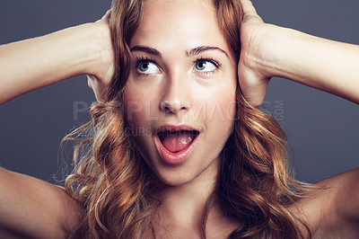 Buy stock photo Surprise, thinking and face of an excited woman with a smile isolated on a dark background in a studio. Wow, idea and a young female model with expression of shock from makeup and cosmetics ideas
