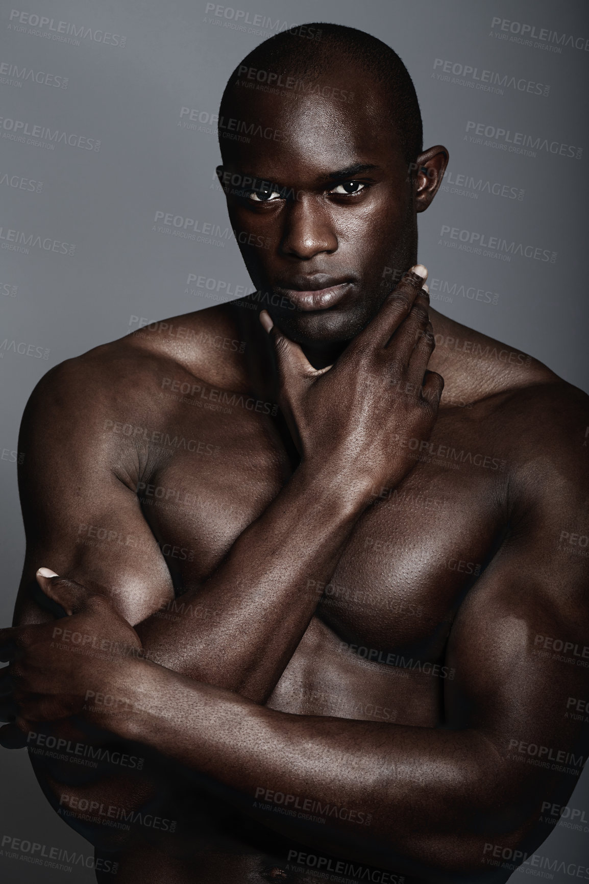 Buy stock photo Muscle, body and skin, portrait of black man on dark background with and serious face for art aesthetic. Health, wellness and sexy, fit African bodybuilder or male model isolated on studio backdrop