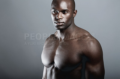 Buy stock photo Body, muscle beauty and topless black man on dark background with fitness mockup. Health, wellness and strong African bodybuilder or male model isolated on studio backdrop with mock up and power.