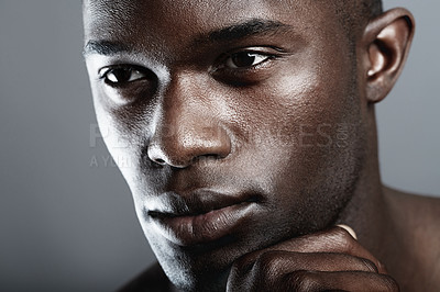 Buy stock photo Art, beauty and serious face of black man on dark background with skin care, and dermatology. Health, wellness and male skincare cosmetics and fit, healthy African model closeup on studio backdrop.
