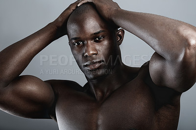 Buy stock photo Art, aesthetic and beauty, portrait of black man on dark background with muscle and hands on head. Health, wellness and sexy African bodybuilder or male model isolated on studio backdrop with power.
