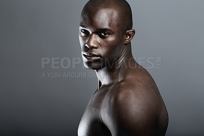 Buy stock photo Art, beauty and portrait of black man on dark background with muscle and mockup, serious body builder in Africa. Health, wellness and mock up space, African male model isolated on studio backdrop.