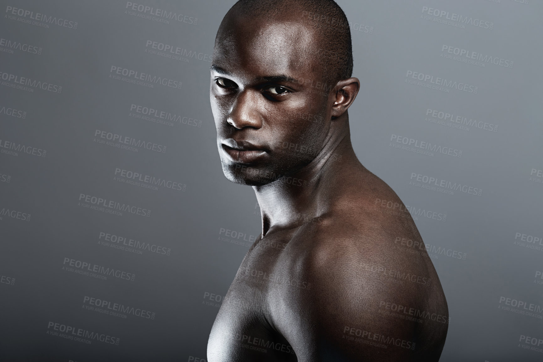 Buy stock photo Art, beauty and portrait of black man on dark background with muscle and mockup, serious body builder in Africa. Health, wellness and mock up space, African male model isolated on studio backdrop.