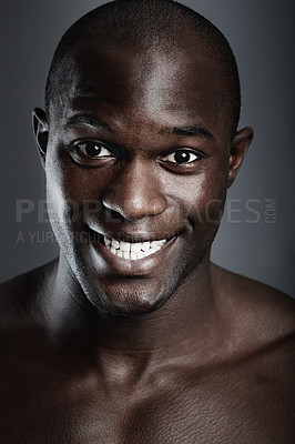 Buy stock photo Happiness, beauty and portrait of black man on dark background with smile, dental care and cosmetics. Health, wellness and happy African male model isolated on studio backdrop with healthy teeth.