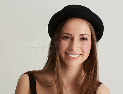 Buy stock photo Woman, fedora and fashion with portrait in studio with confidence, pride and retro style by white background. Hipster girl, model or person with trendy hat, clothes and happy with face in Argentina